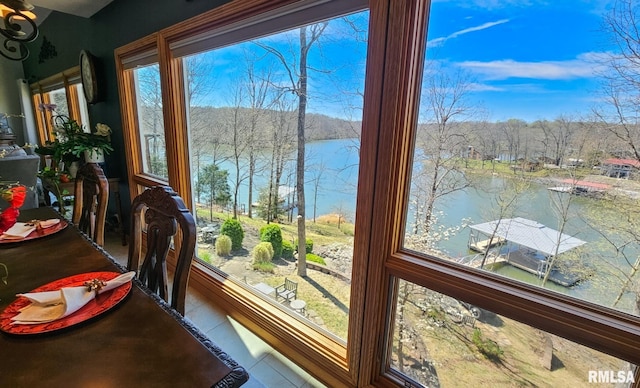 sunroom / solarium featuring a water view