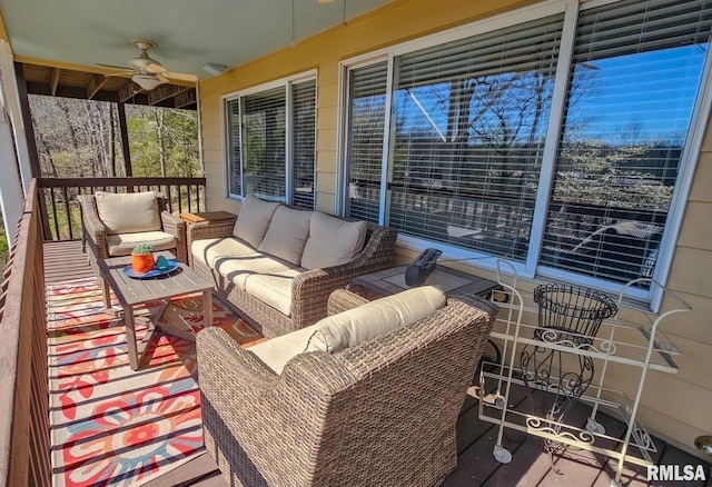 exterior space with ceiling fan and outdoor lounge area