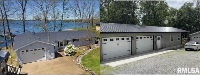 view of front facade with an outbuilding, a water view, and a garage