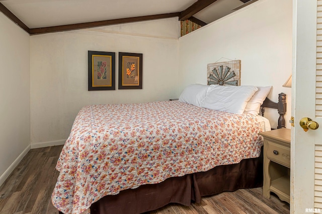 bedroom with vaulted ceiling with beams and wood-type flooring