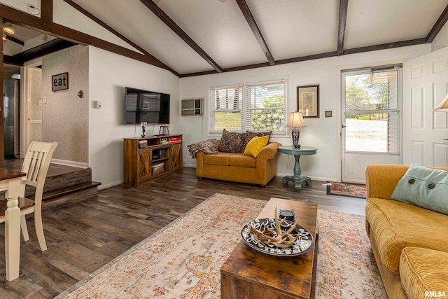 living room featuring lofted ceiling with beams and dark hardwood / wood-style flooring