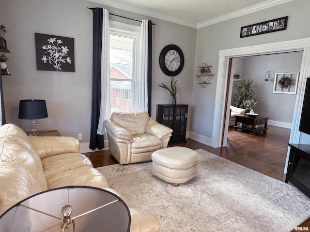 living room with dark hardwood / wood-style floors and crown molding