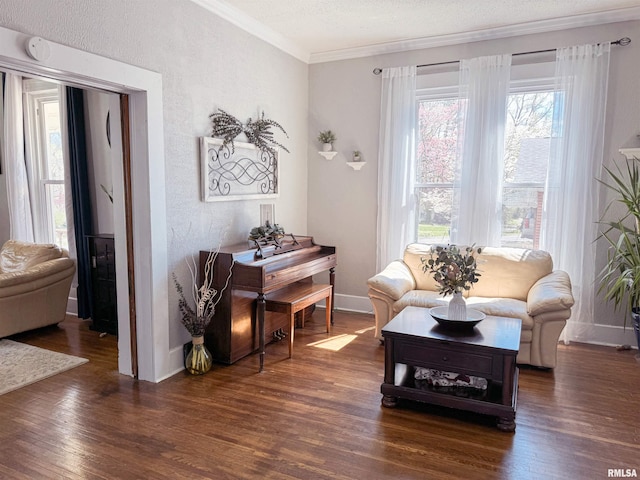 sitting room with dark wood-type flooring, ornamental molding, and a textured ceiling