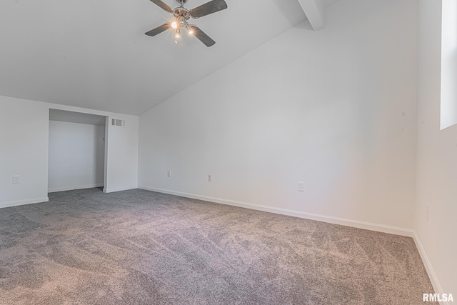 empty room with carpet, ceiling fan, and vaulted ceiling with beams