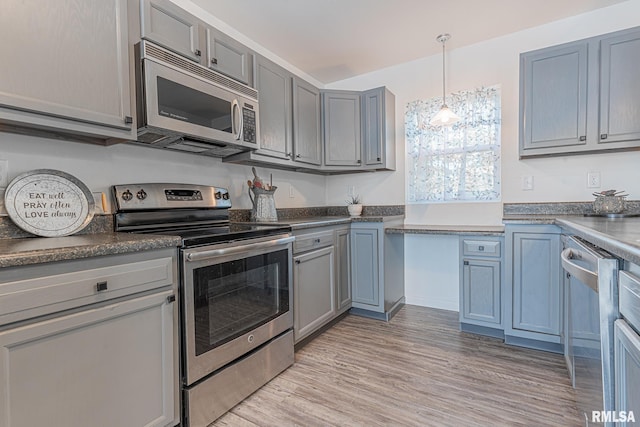 kitchen with light hardwood / wood-style flooring, stainless steel appliances, and decorative light fixtures