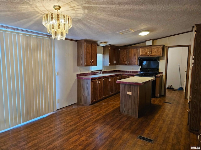 kitchen featuring lofted ceiling, a center island, sink, and dark wood-type flooring