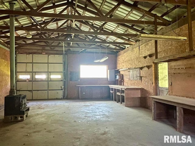 garage with a wood stove