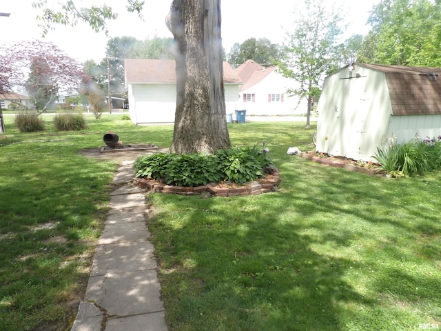 view of yard featuring a storage shed