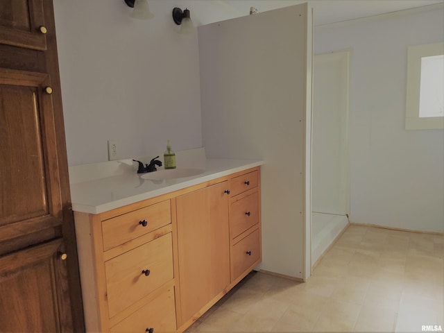 bathroom with walk in shower and vanity