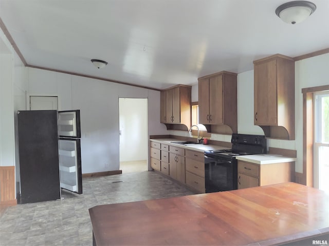 kitchen featuring sink, black / electric stove, and crown molding