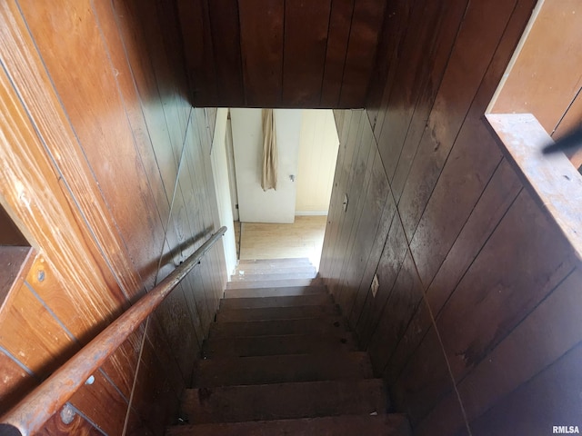 staircase featuring wood walls and wood-type flooring