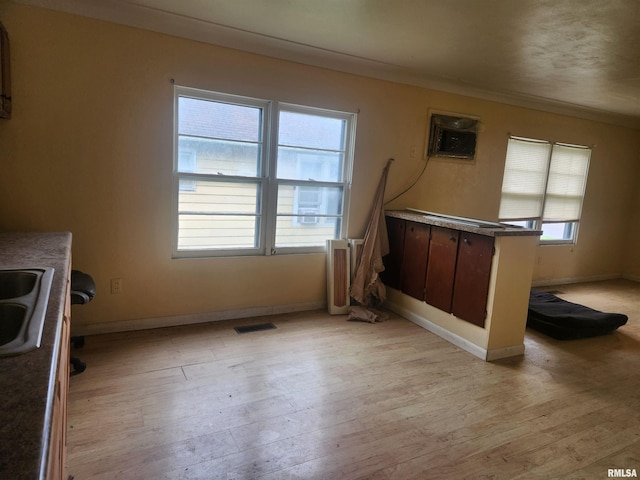 kitchen featuring light hardwood / wood-style floors, a wall mounted AC, crown molding, and sink