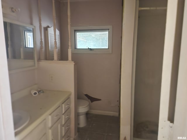 bathroom with tile patterned flooring, vanity, and toilet