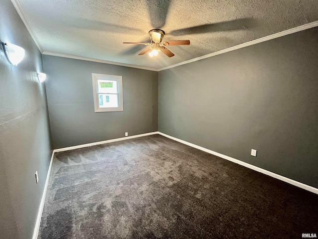 carpeted empty room with crown molding, a textured ceiling, and ceiling fan