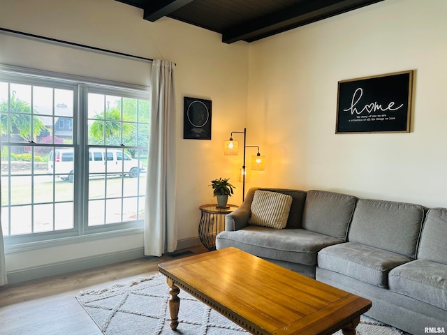 living room featuring plenty of natural light, beam ceiling, hardwood / wood-style floors, and wood ceiling