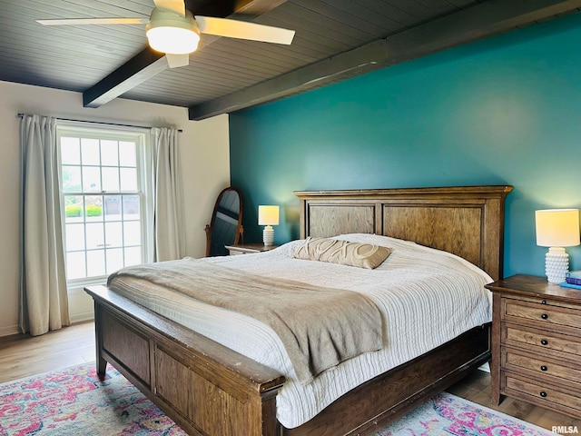 bedroom with beamed ceiling, wooden ceiling, hardwood / wood-style flooring, and ceiling fan