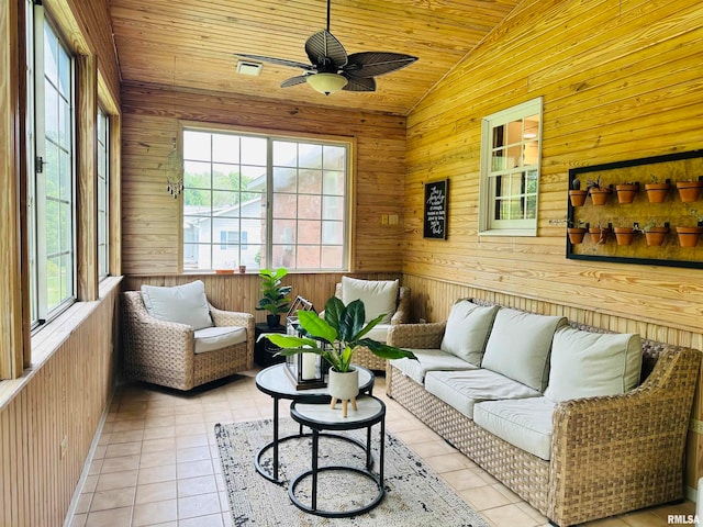 sunroom / solarium with wooden ceiling, lofted ceiling, and ceiling fan