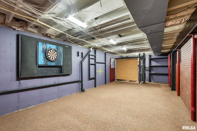 basement featuring carpet flooring