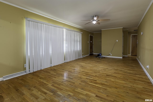 unfurnished living room with ornamental molding, wood-type flooring, and ceiling fan