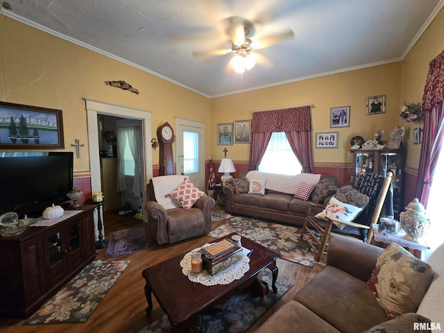 living room with ceiling fan, hardwood / wood-style floors, and ornamental molding