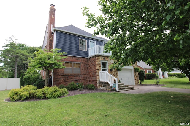 view of front of home with a chimney, fence, a balcony, a garage, and driveway