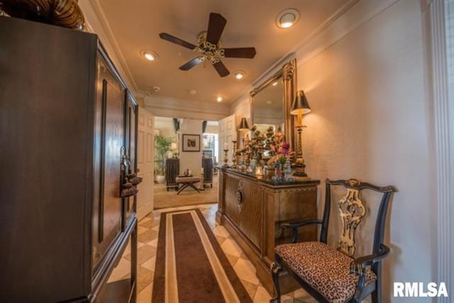 521 S Park Ave, Herrin, IL 62948 - bar with inlaid floor details, refrigerator, ornamental molding, ceiling fan, and recessed lighting