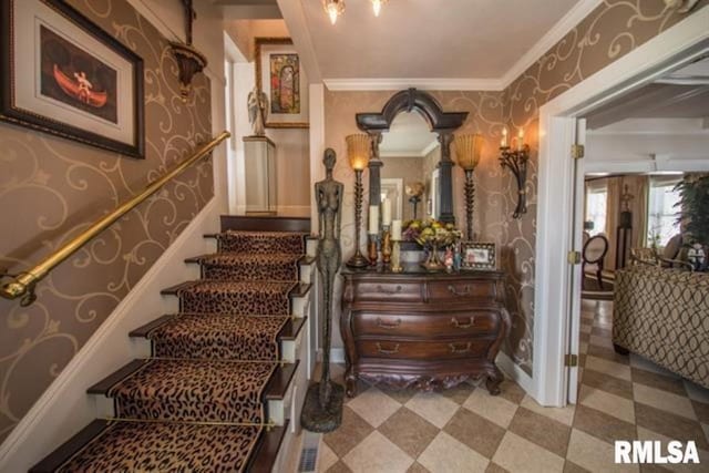521 S Park Ave, Herrin, IL 62948 - stairs with wallpapered walls, crown molding, and tile patterned floors