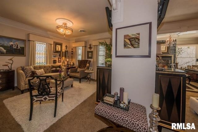 521 S Park Ave, Herrin, IL 62948 - living room with carpet, ornamental molding, and a chandelier
