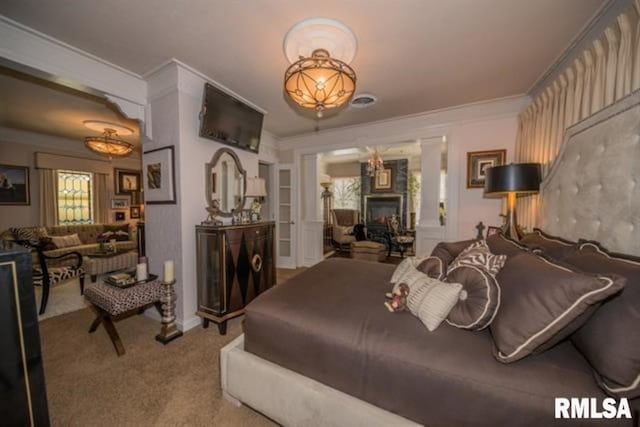 521 S Park Ave, Herrin, IL 62948 - carpeted bedroom with ornamental molding, ornate columns, and multiple windows