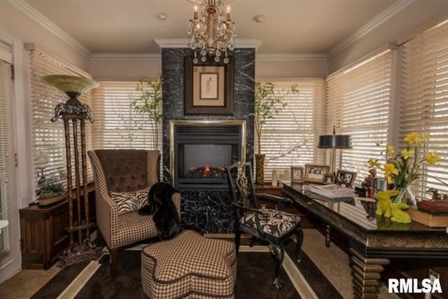 521 S Park Ave, Herrin, IL 62948 - sitting room featuring a premium fireplace, carpet flooring, a chandelier, and crown molding