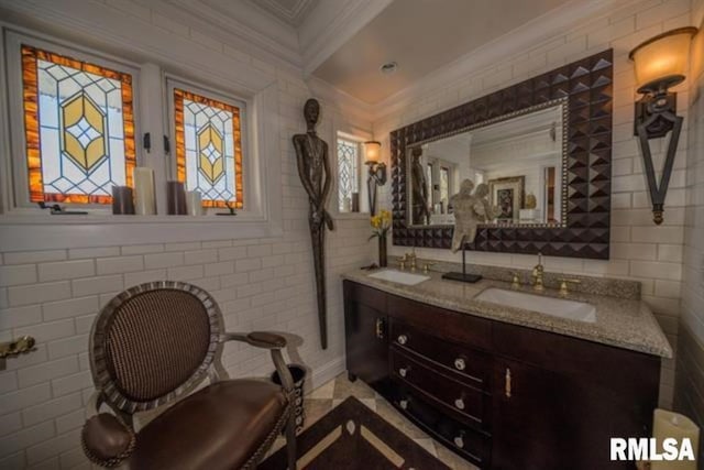 521 S Park Ave, Herrin, IL 62948 - full bath with ornamental molding, double vanity, and tile walls