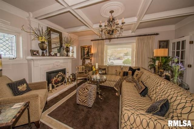 521 S Park Ave, Herrin, IL 62948 - living room with plenty of natural light, a chandelier, coffered ceiling, a lit fireplace, and beamed ceiling