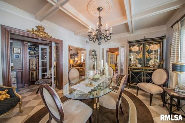 521 S Park Ave, Herrin, IL 62948 - dining room with coffered ceiling, a chandelier, and beamed ceiling