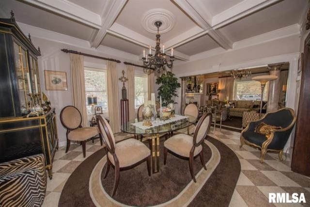 521 S Park Ave, Herrin, IL 62948 - dining space featuring a chandelier, coffered ceiling, healthy amount of natural light, and beamed ceiling