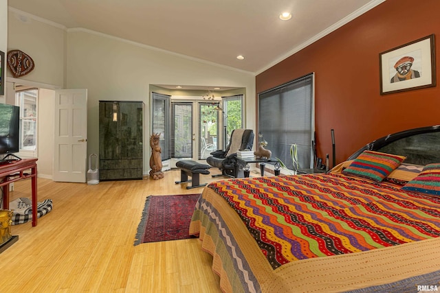 bedroom with access to outside, light hardwood / wood-style flooring, lofted ceiling, and ornamental molding