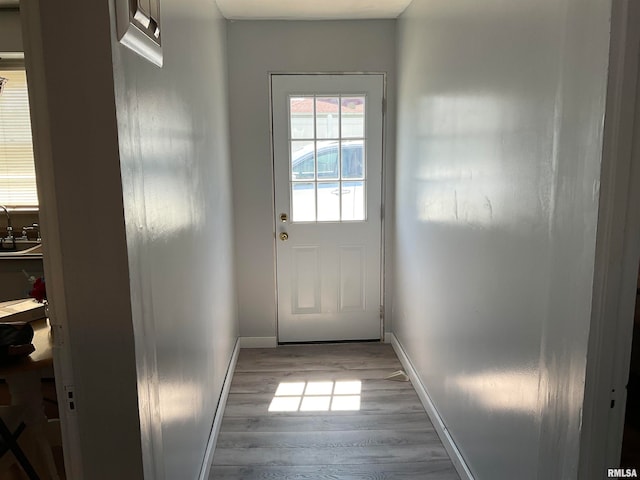 doorway to outside featuring light hardwood / wood-style floors and sink