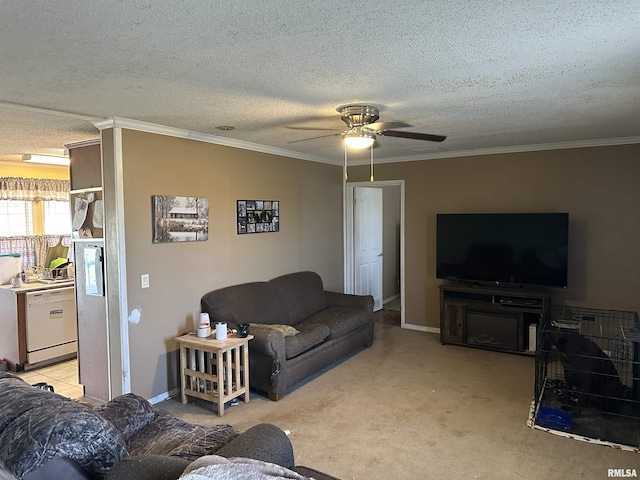 living area with ceiling fan, a textured ceiling, light carpet, baseboards, and ornamental molding