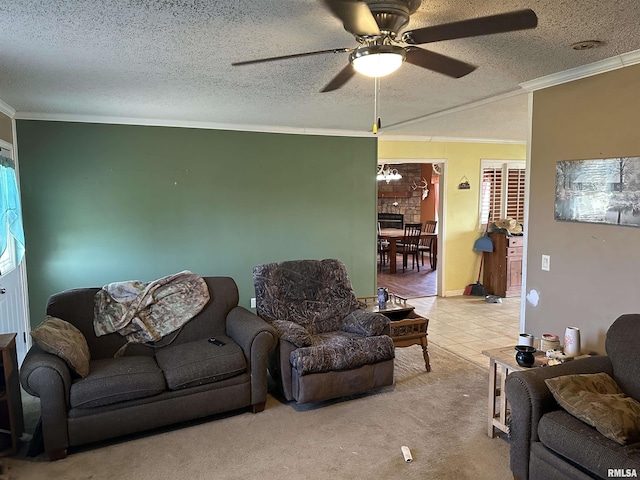 living room with a textured ceiling, light carpet, ceiling fan with notable chandelier, and ornamental molding