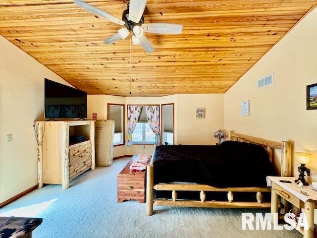 carpeted bedroom with wooden ceiling, ceiling fan, and vaulted ceiling