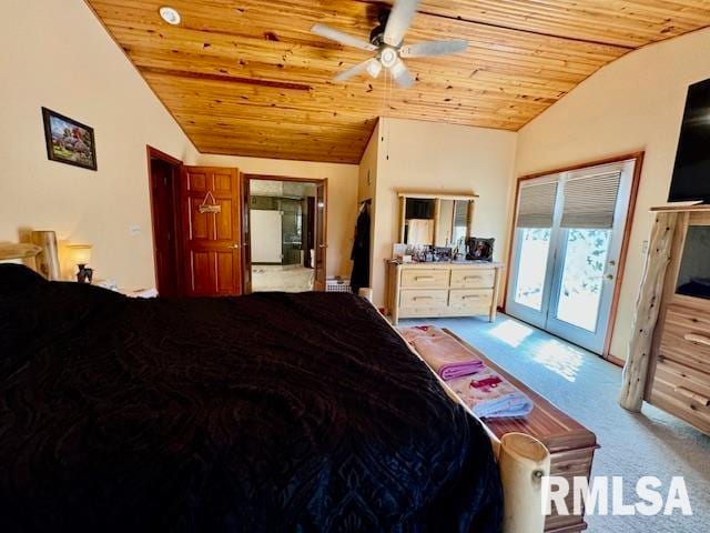 carpeted bedroom featuring wood ceiling, access to outside, ceiling fan, and refrigerator