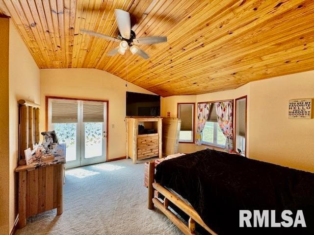 bedroom featuring ceiling fan, wooden ceiling, access to outside, light colored carpet, and vaulted ceiling