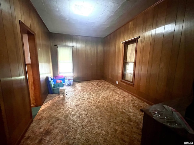 unfurnished room featuring wood walls and carpet flooring