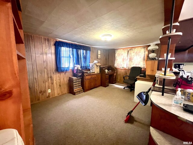 carpeted office space featuring wood walls