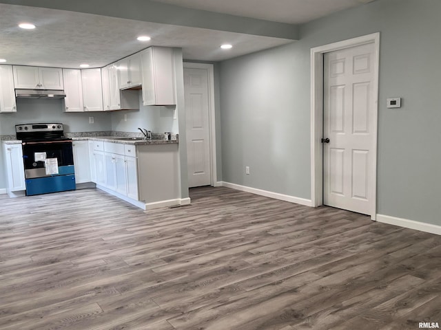 kitchen featuring white cabinets, stainless steel electric range oven, sink, and wood-type flooring