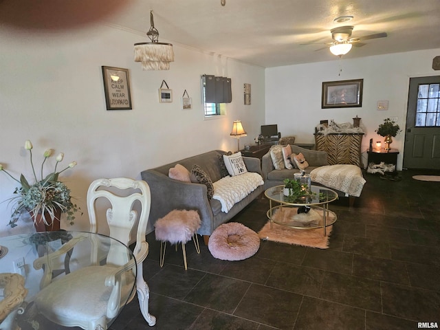 living room with ceiling fan