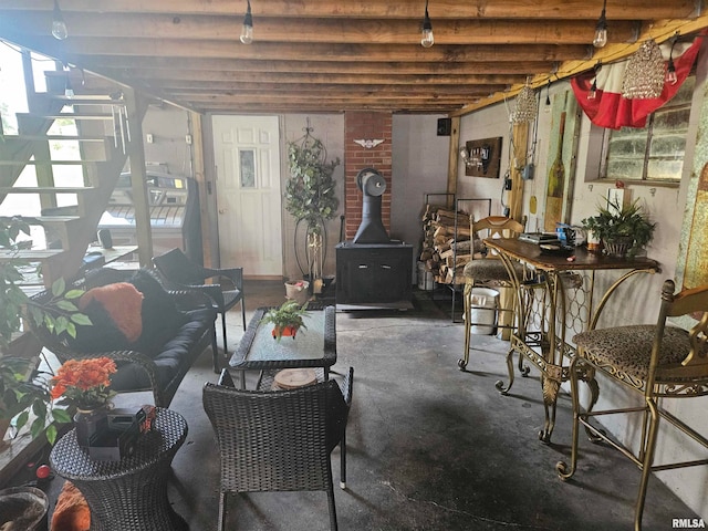 basement with a wood stove