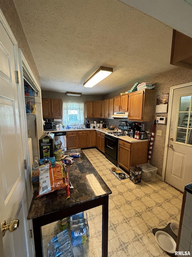 kitchen with sink, dishwasher, range with gas stovetop, and a textured ceiling