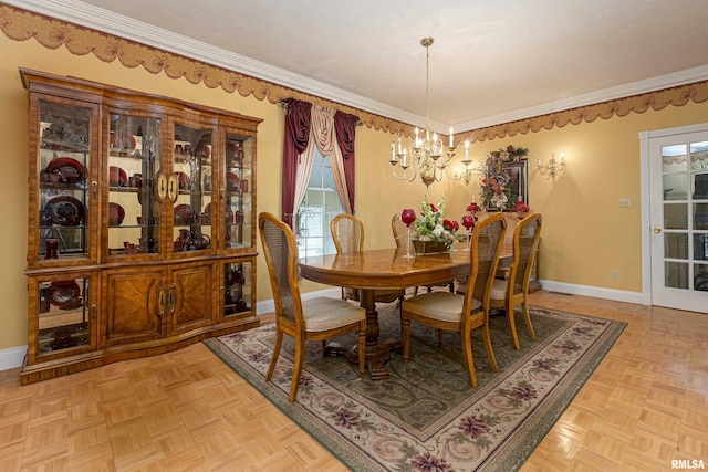 dining space with ornamental molding, light parquet flooring, and a chandelier