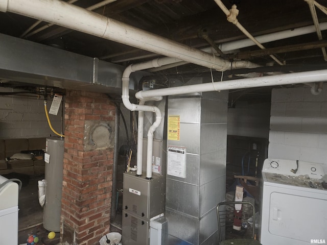 utilities featuring heating unit, washer / dryer, and water heater