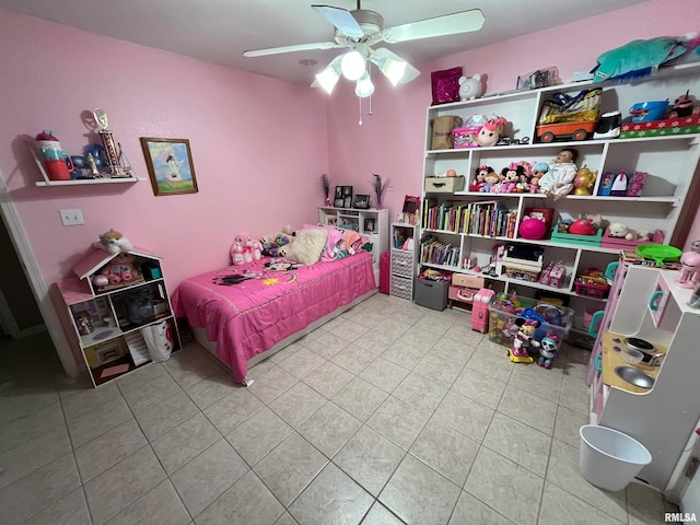 bedroom featuring light tile patterned floors and ceiling fan